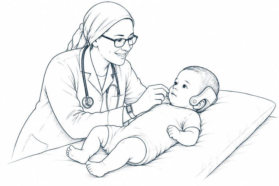 Drawing of a nurse practitioner with a baby wearing an ear mold