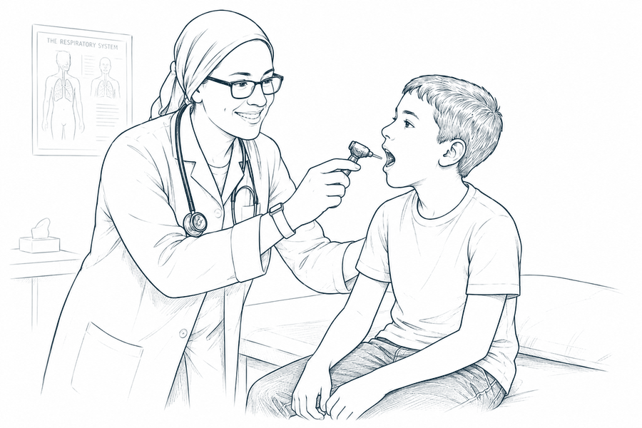 Drawing of a nurse practitioner checking a boy's throat