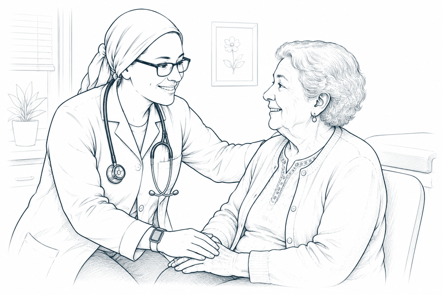 Drawing of a nurse practitioner holding an older woman's hand