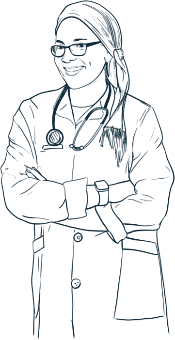 Drawing of Ruth Ifrah in a white coat, arms folded, smiling