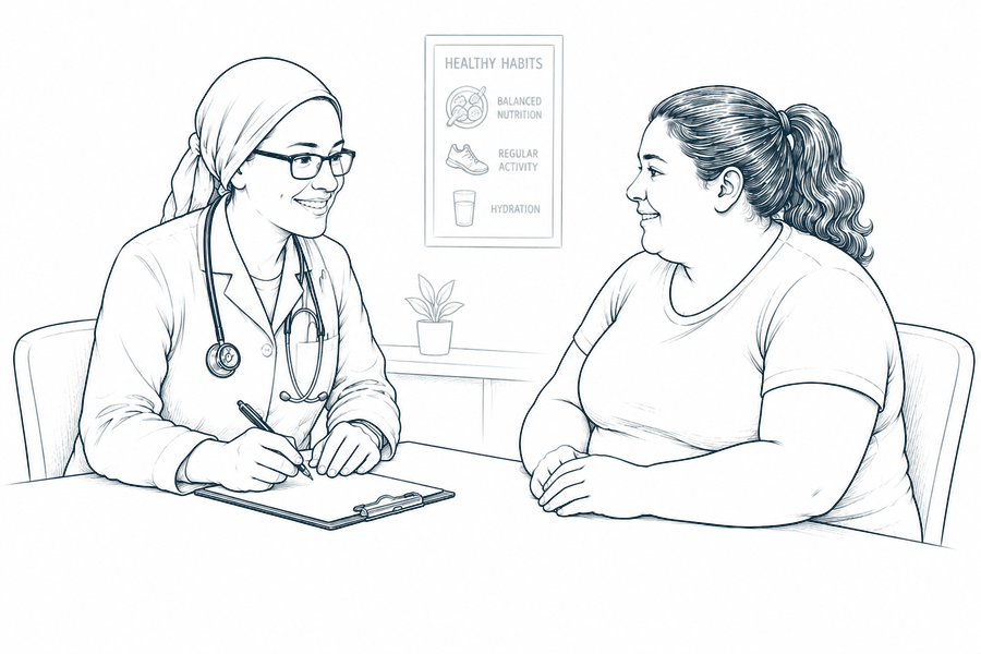 Drawing of a nurse practitioner taking notes while talking with a patient
